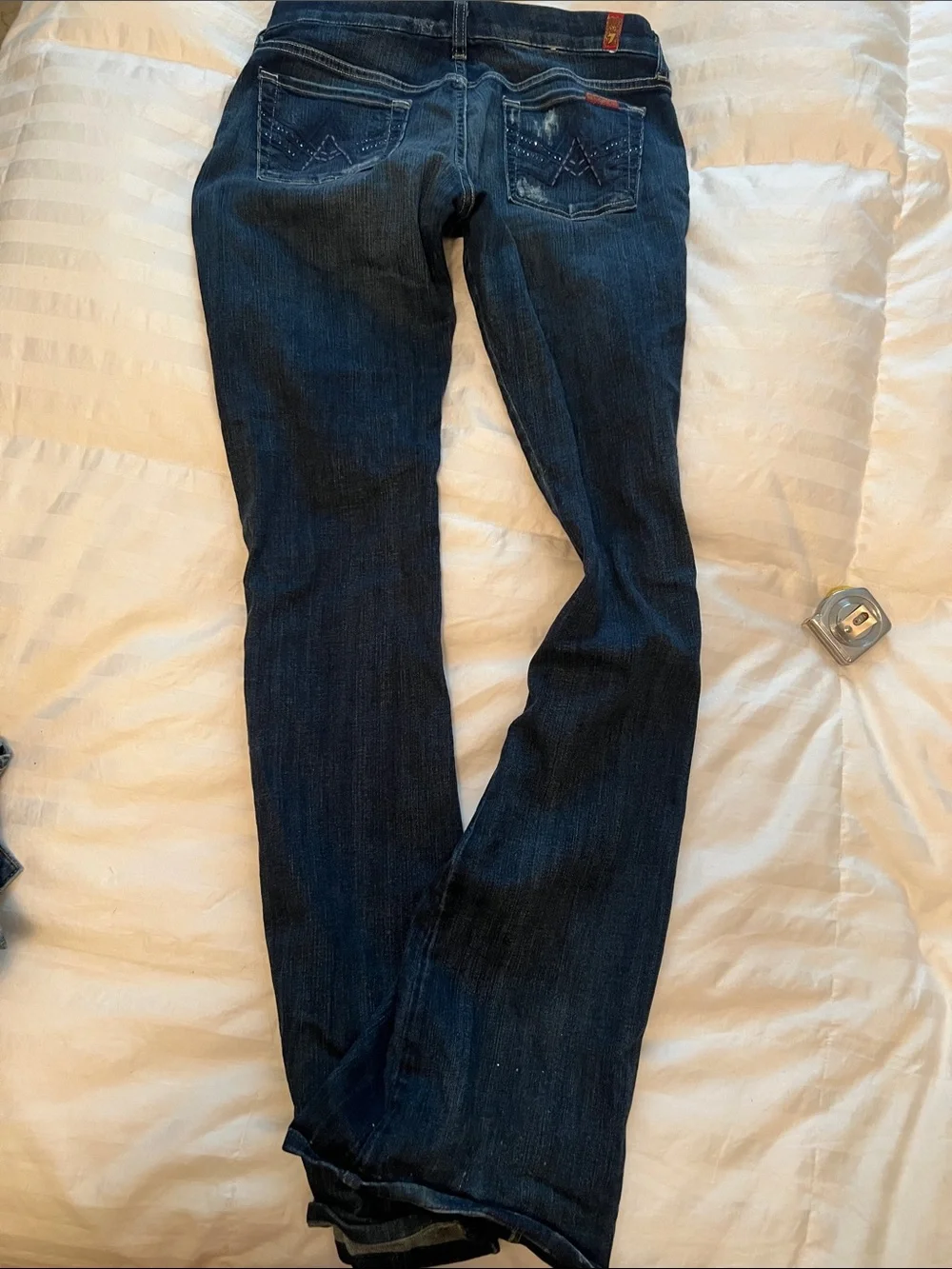 7 For All Mankind Dark Blue Denim Bootcut Jeans with Embellished Back Pocket